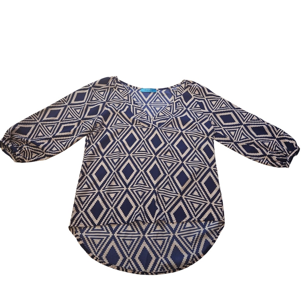 Buttons Diamond Print Blouse Top Small Blue Beige Long Sleeve